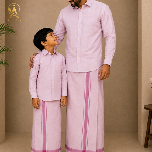 pink father son combo veshti set combo
