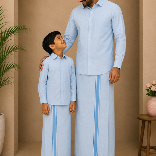 blue father son veshti set combo